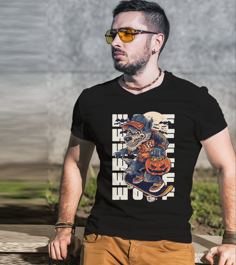 Wolf Trick-or-Treat Skateboarder With Pumpkin And Moon T-Shirt