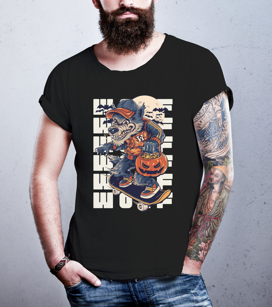Wolf Trick-or-Treat Skateboarder With Pumpkin And Moon T-Shirt