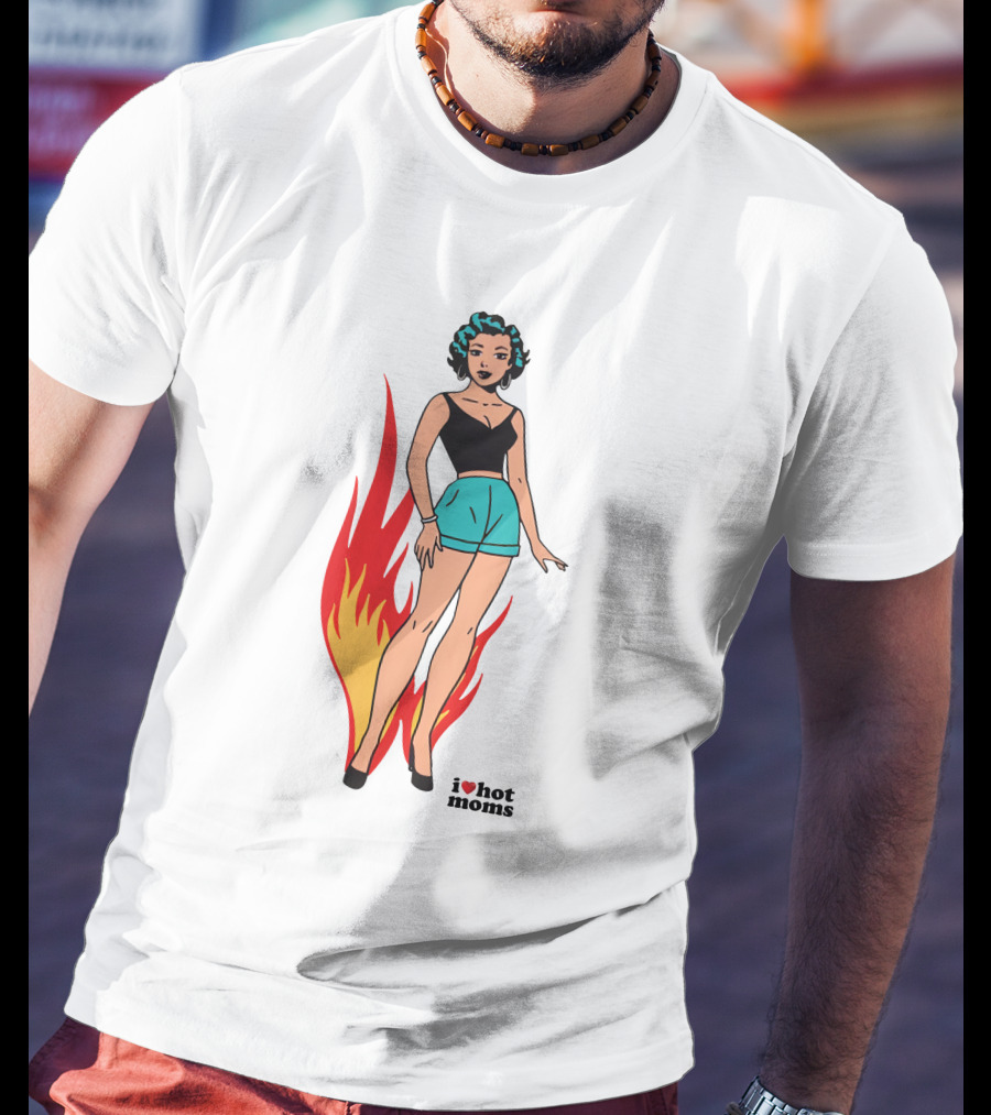 I Heart Hot Moms Vintage Comic Style Flame Background T-Shirt