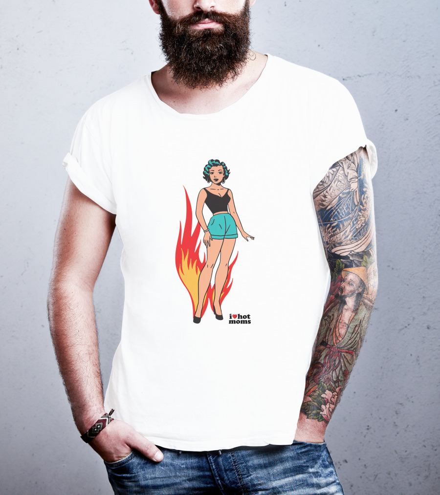 I Heart Hot Moms Vintage Comic Style Flame Background T-Shirt