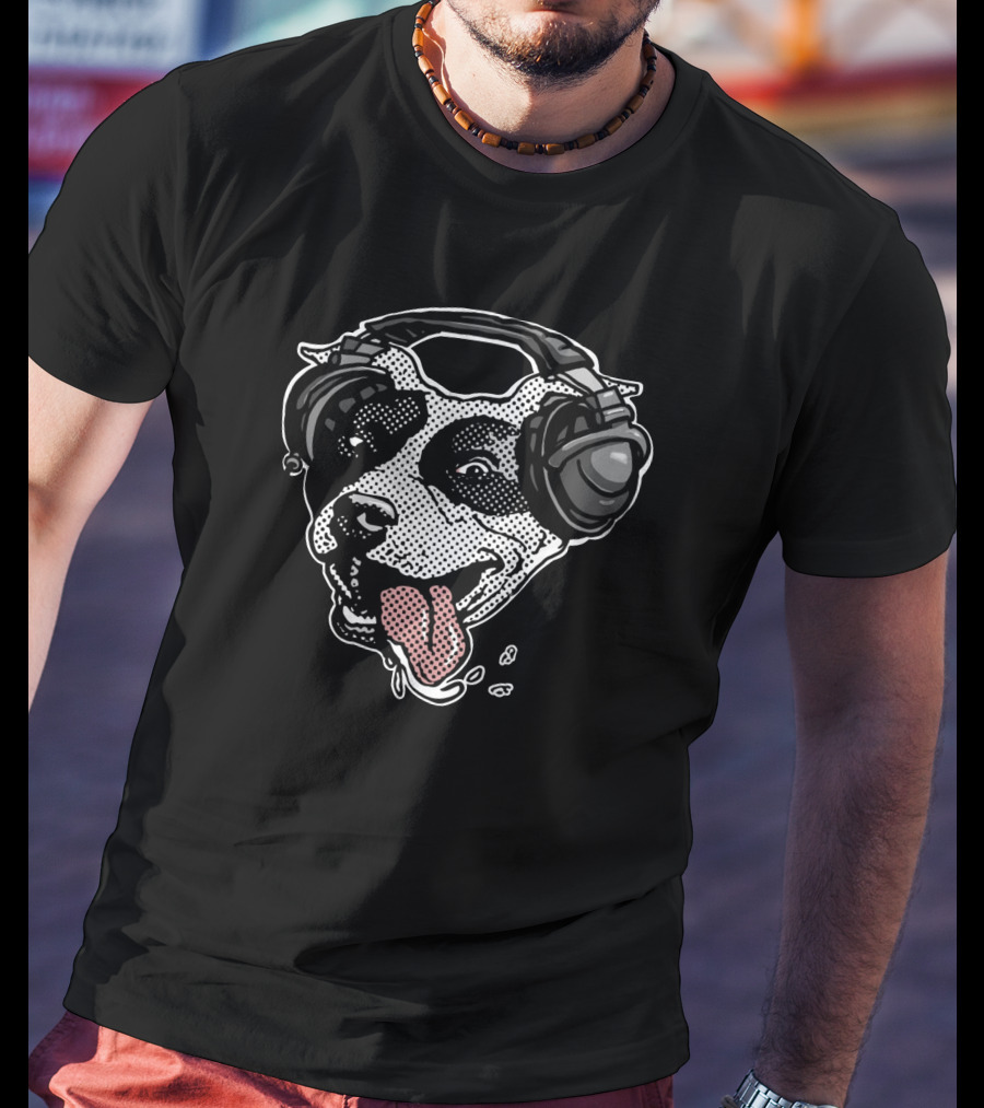 Cute Pit Bull Dog Wearing Music Headphones With Playful Expression T-Shirt