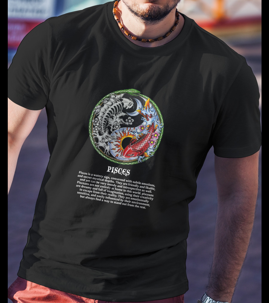 Pisces Koi Fish Yin Yang Floral Tattoo T-Shirt