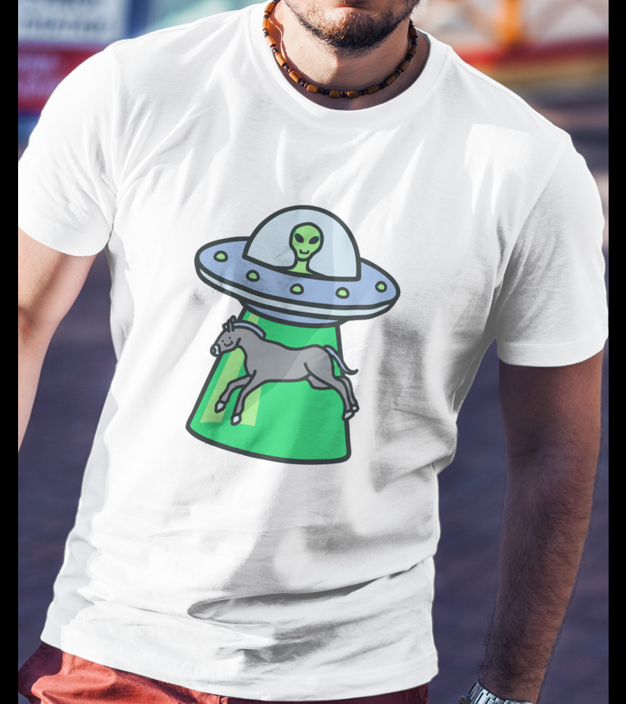 Alex's Stupid Studio Alien Lime UFO Abducting Horse T-Shirt