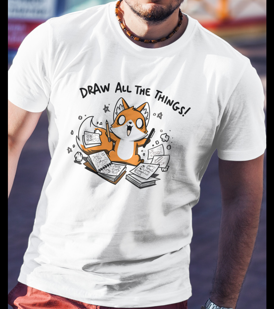 Fox With Sketchbooks And Pens Enthusiastically Draw All The Things T-Shirt