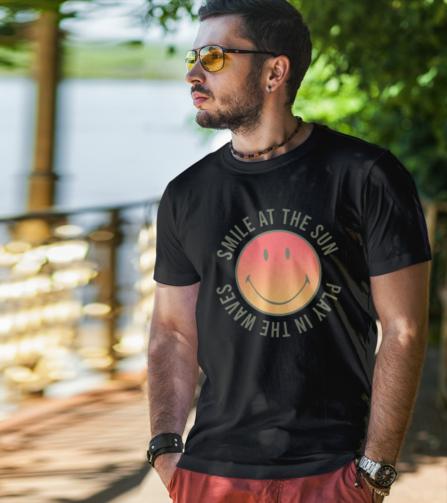 Smile At The Sun Play In The Waves Sunset Gradient Smiley Face T-Shirt