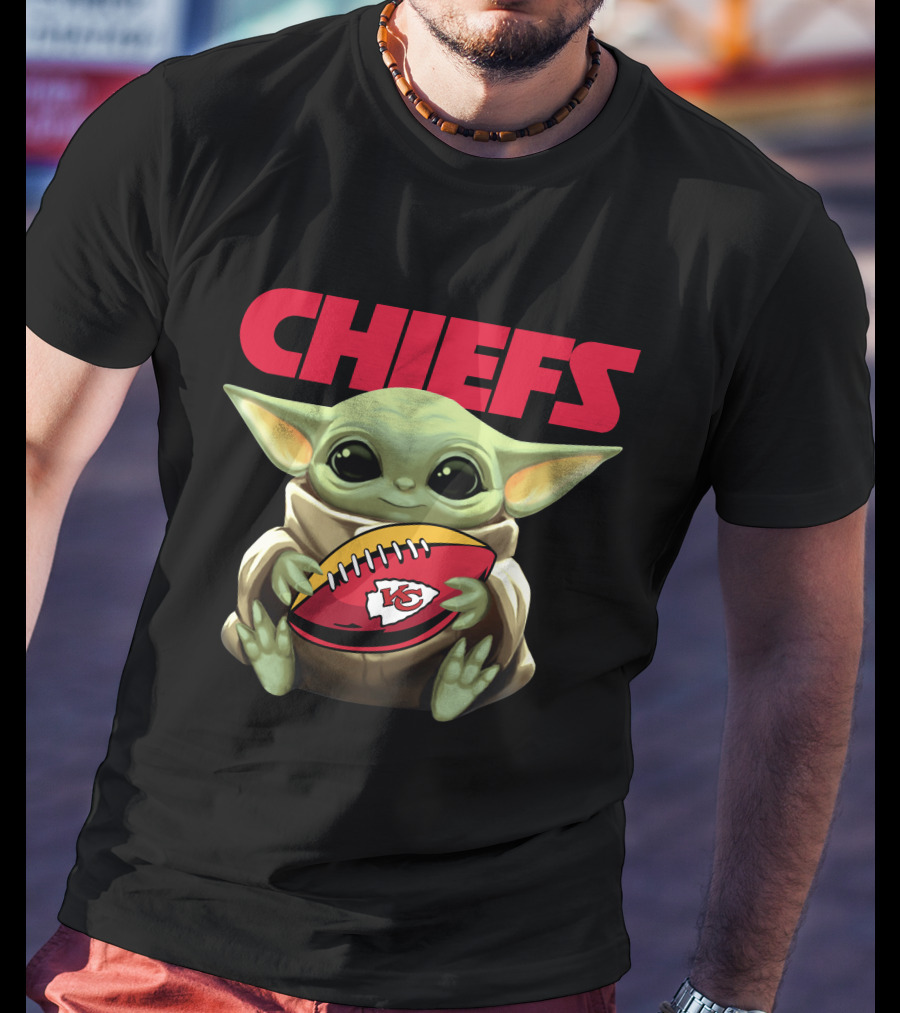 CHIEFS Baby Yoda Holding KC Chiefs Football T-Shirt