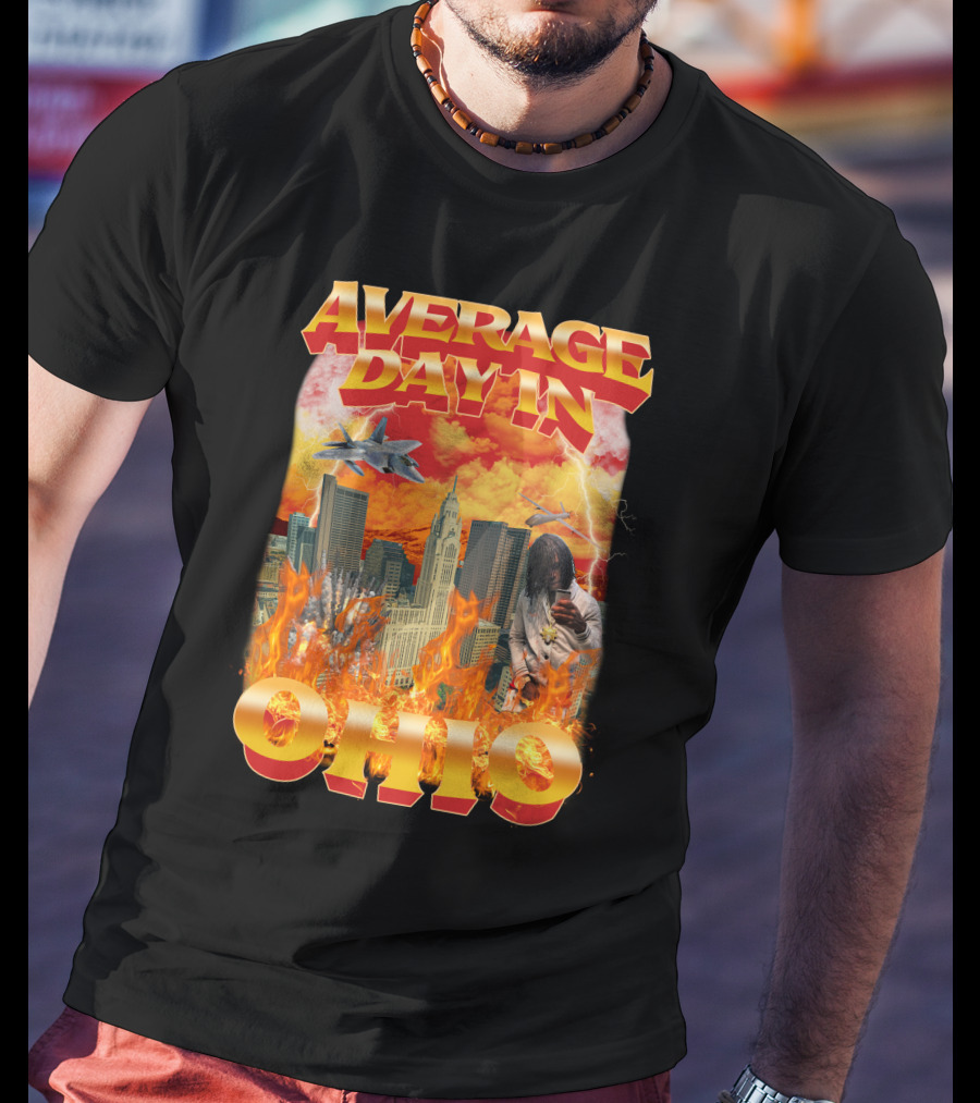 Average Day In Ohio Flaming Cityscape Fighter Jets Chaos T-Shirt