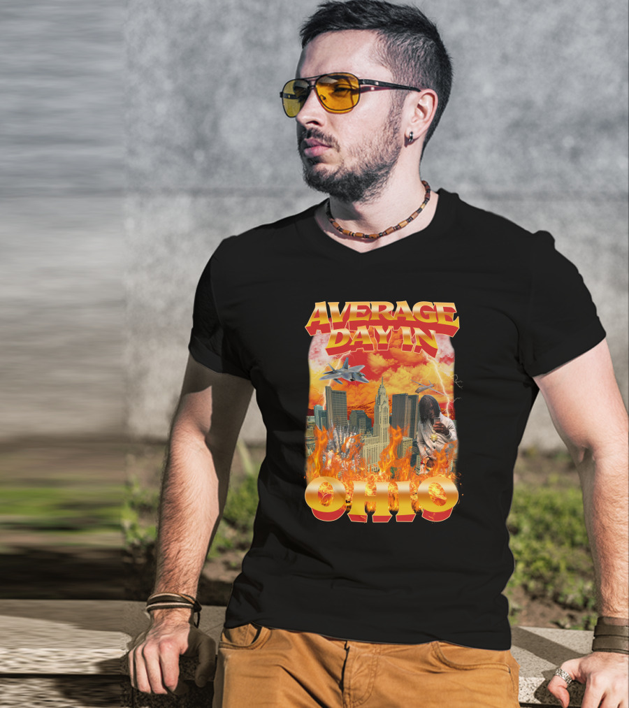 Average Day In Ohio Flaming Cityscape Fighter Jets Chaos T-Shirt