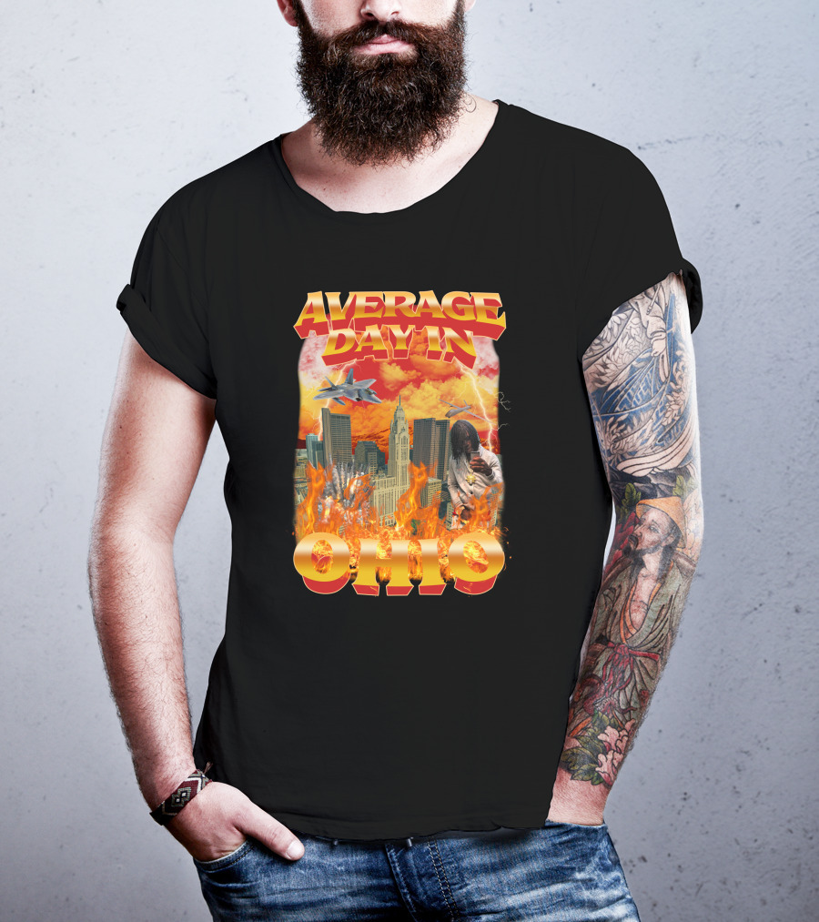 Average Day In Ohio Flaming Cityscape Fighter Jets Chaos T-Shirt