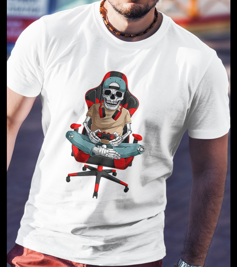 Skeleton Gamer In Cool Chair With Headphones And Controller T-Shirt