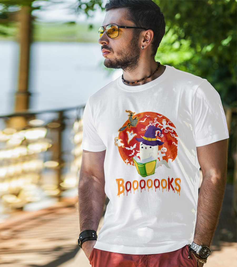 BOOOOOOKS Ghost Reading Witch Hat Halloween Scene T-Shirt