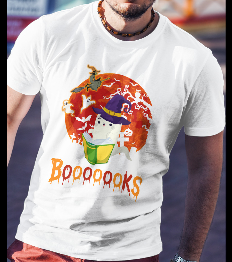 BOOOOOOKS Ghost Reading Witch Hat Halloween Scene T-Shirt