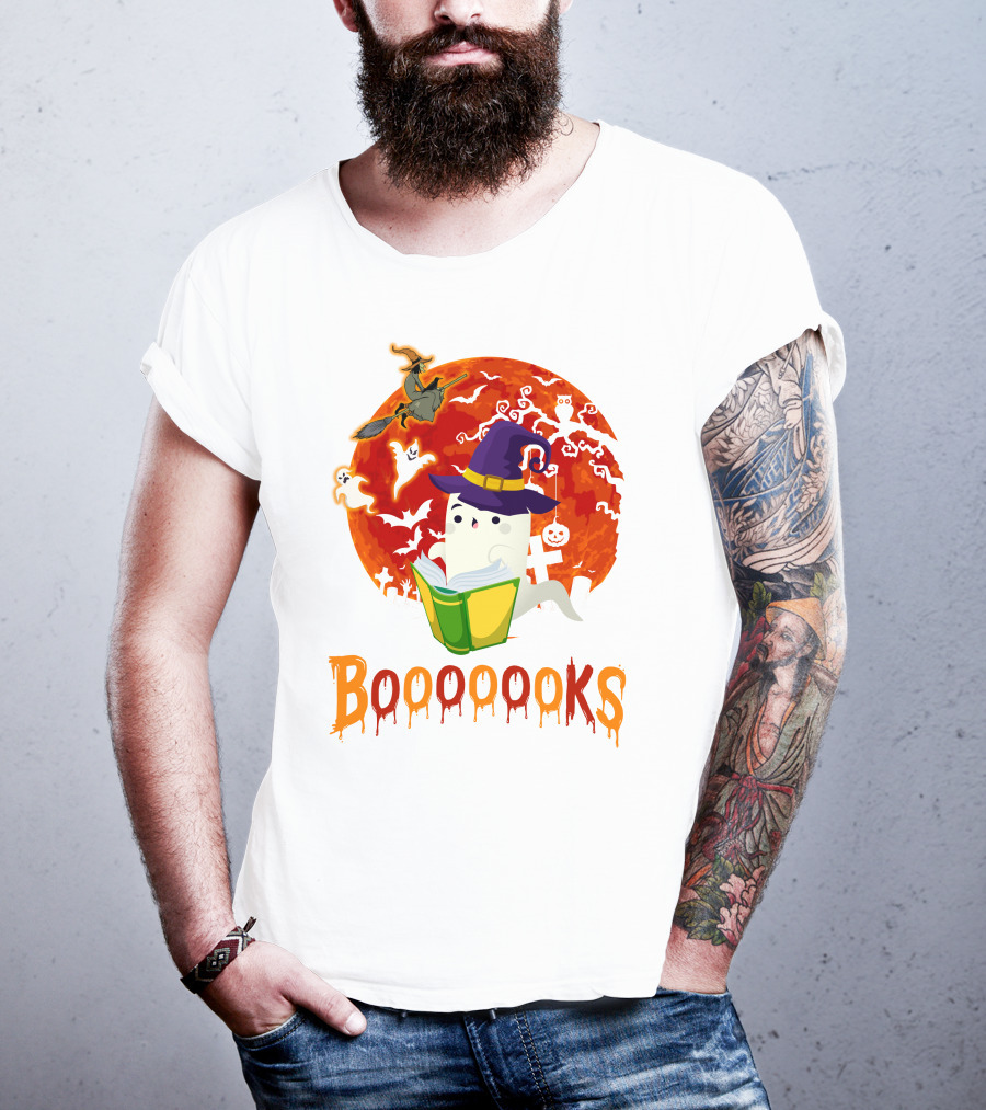 BOOOOOOKS Ghost Reading Witch Hat Halloween Scene T-Shirt