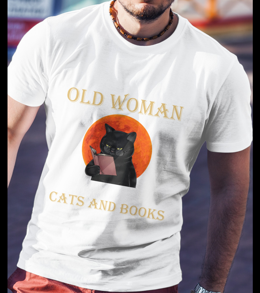 Old Woman Cats And Books Black Cat Reading Orange Moon T-Shirt