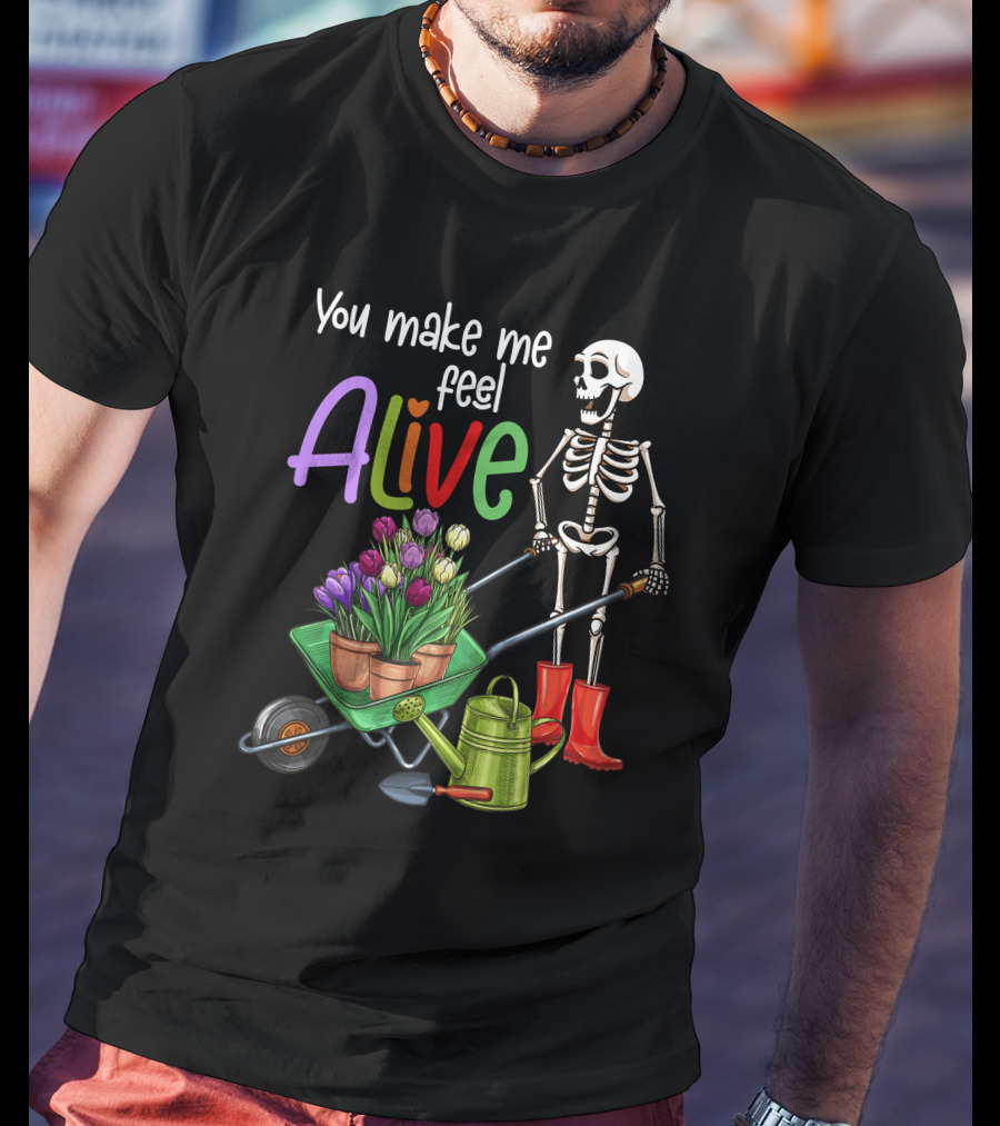 Alive Gardening Farmer Skeleton With Tulips And Watering Can T-Shirt