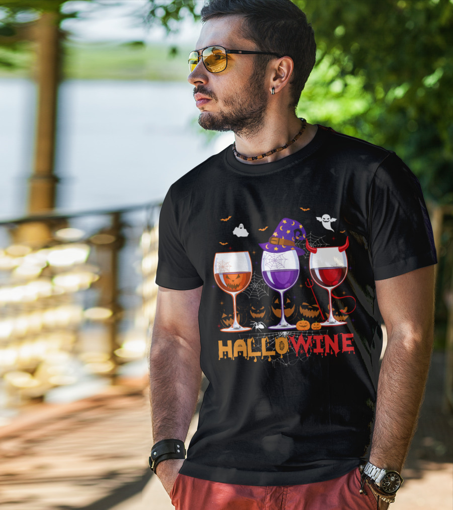 Haloween Hallowine Witch Hat Devil Horns Jack-O'-Lanterns Wine Glasses T-Shirt