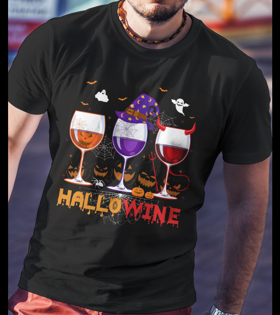 Haloween Hallowine Witch Hat Devil Horns Jack-O'-Lanterns Wine Glasses T-Shirt
