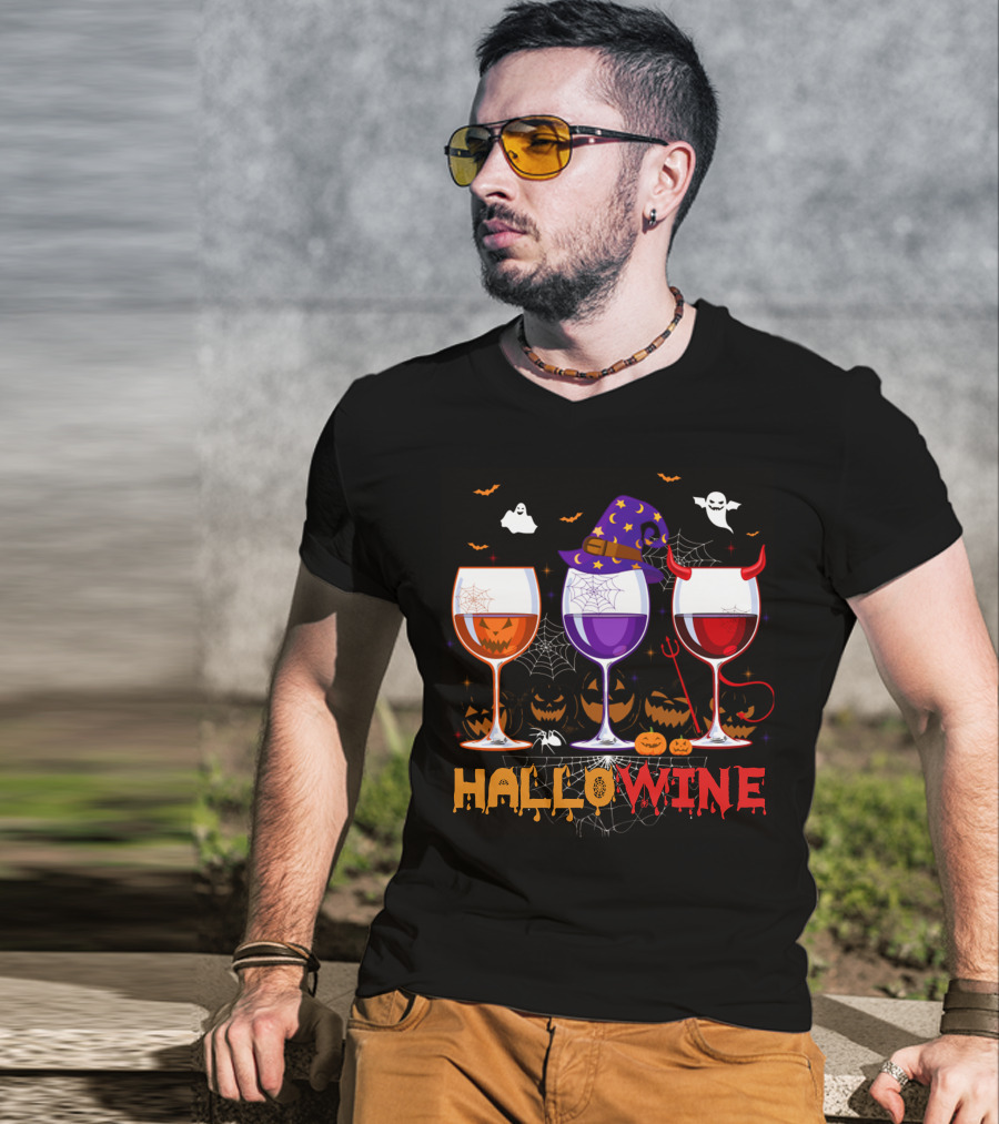 Haloween Hallowine Witch Hat Devil Horns Jack-O'-Lanterns Wine Glasses T-Shirt
