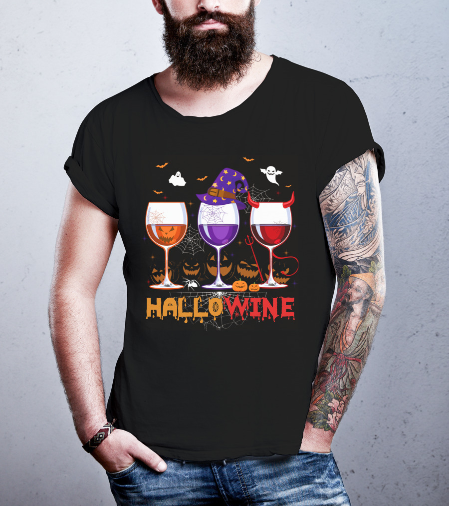 Haloween Hallowine Witch Hat Devil Horns Jack-O'-Lanterns Wine Glasses T-Shirt