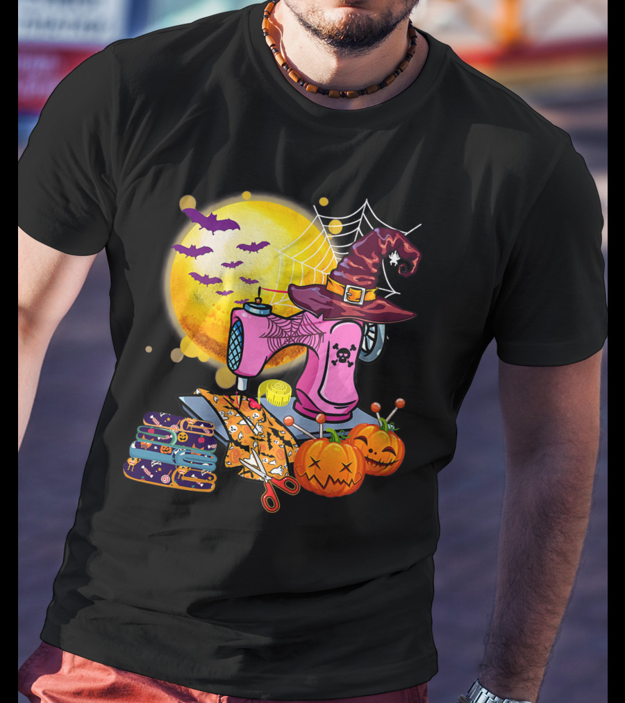 Sewing Machine Witch Hat Halloween Pumpkins Bats Moon T-Shirt