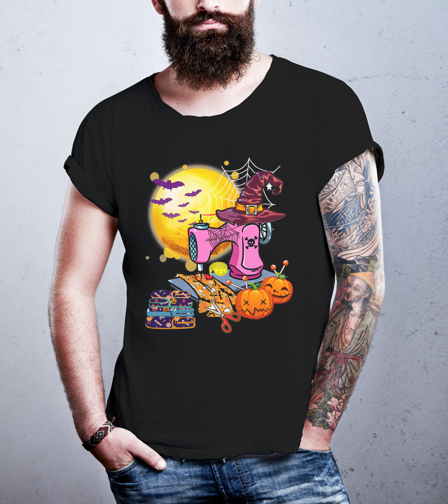 Sewing Machine Witch Hat Halloween Pumpkins Bats Moon T-Shirt