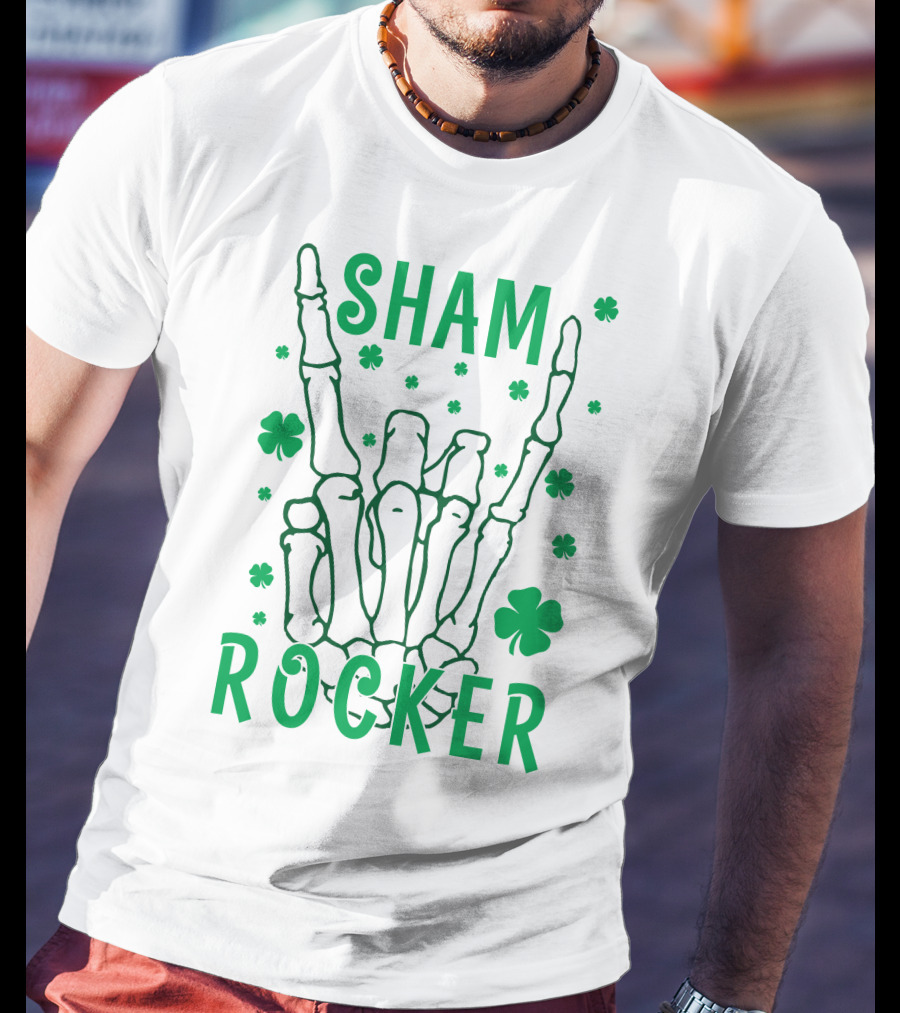 SHAM ROCKER Skeleton Hand With Shamrocks T-Shirt