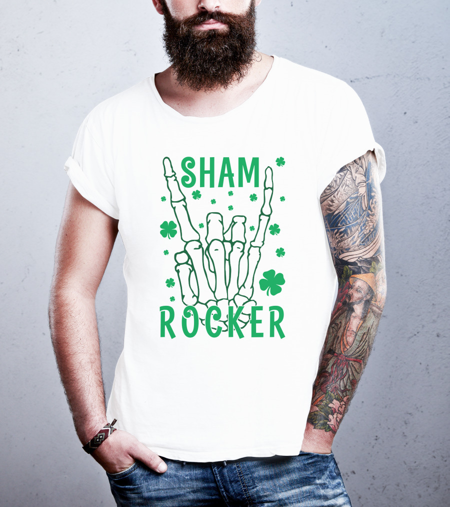 SHAM ROCKER Skeleton Hand With Shamrocks T-Shirt