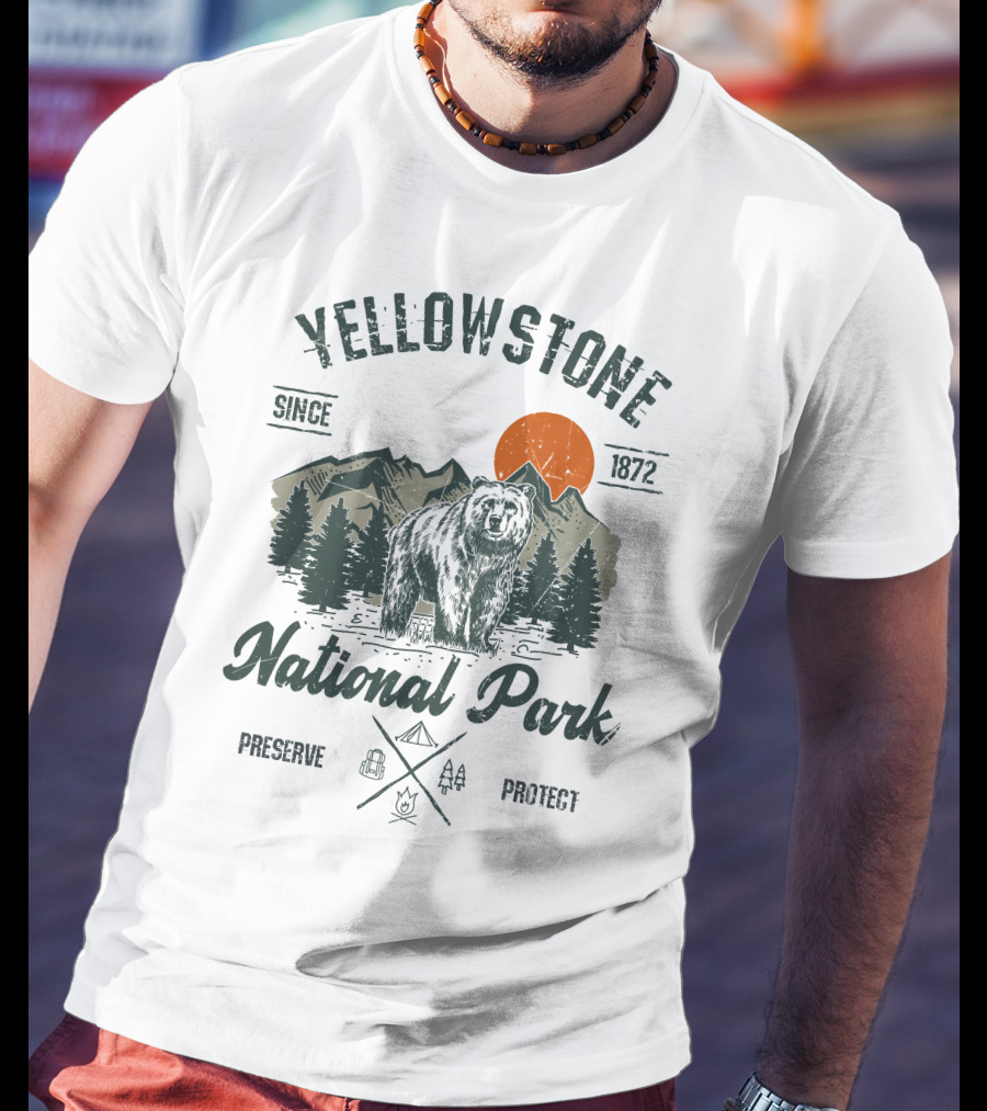 Yellowstone National Park Since 1872 Preserve Protect Vintage Bear Mountain Trees T-Shirt