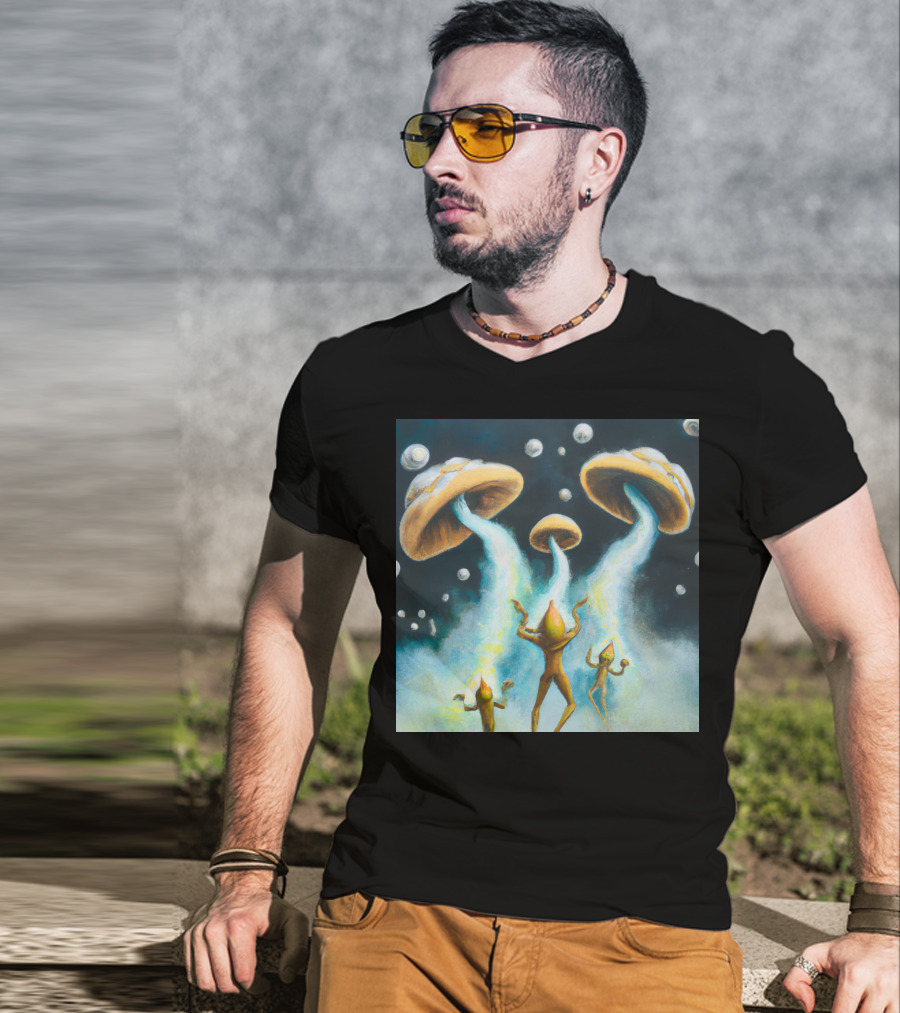 Style The Arrival Of Leman Alien Cosmic Encounter With Mushroom UFOs T-Shirt