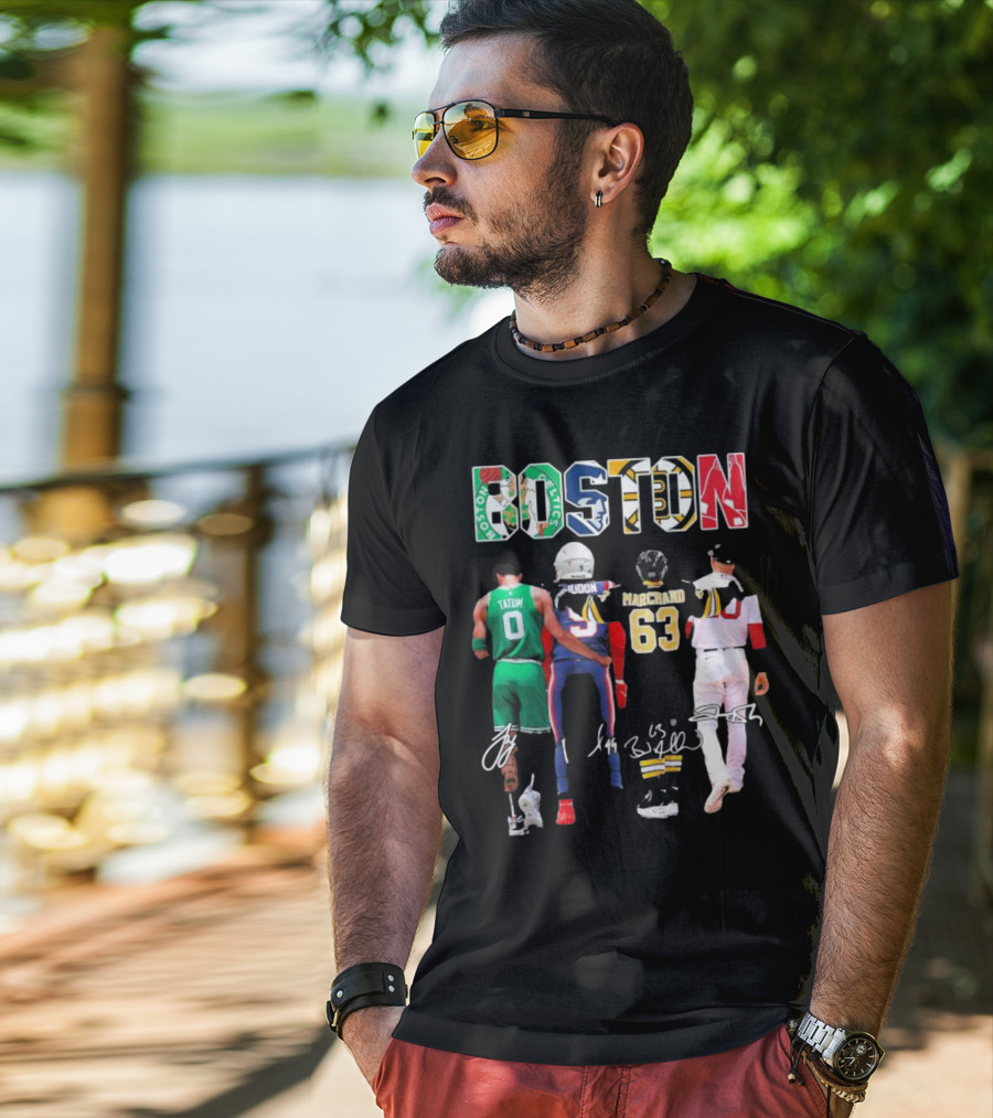 Boston Celtics Patriots Bruins Red Sox Tatum Iddon Marchand Signatures T-Shirt