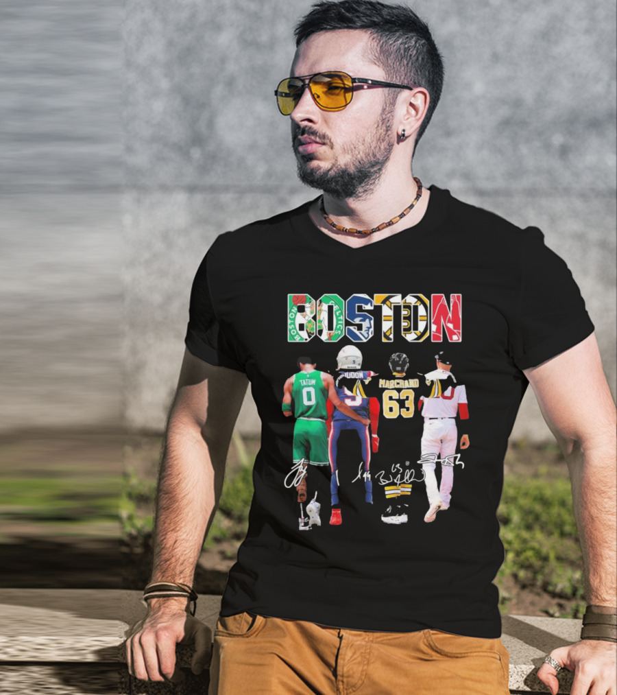 Boston Celtics Patriots Bruins Red Sox Tatum Iddon Marchand Signatures T-Shirt