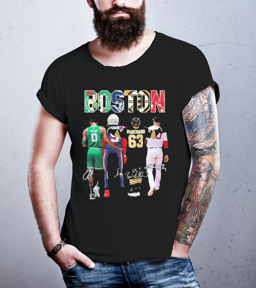 Boston Celtics Patriots Bruins Red Sox Tatum Iddon Marchand Signatures T-Shirt