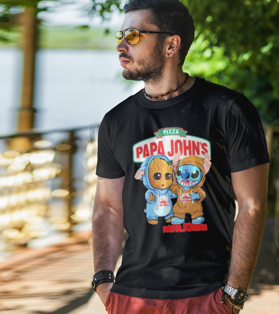 Papa John's Pizza With Groot And Stitch Characters T-Shirt