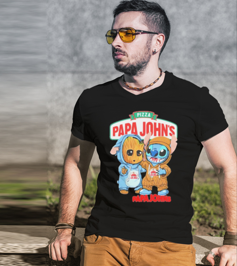 Papa John's Pizza With Groot And Stitch Characters T-Shirt
