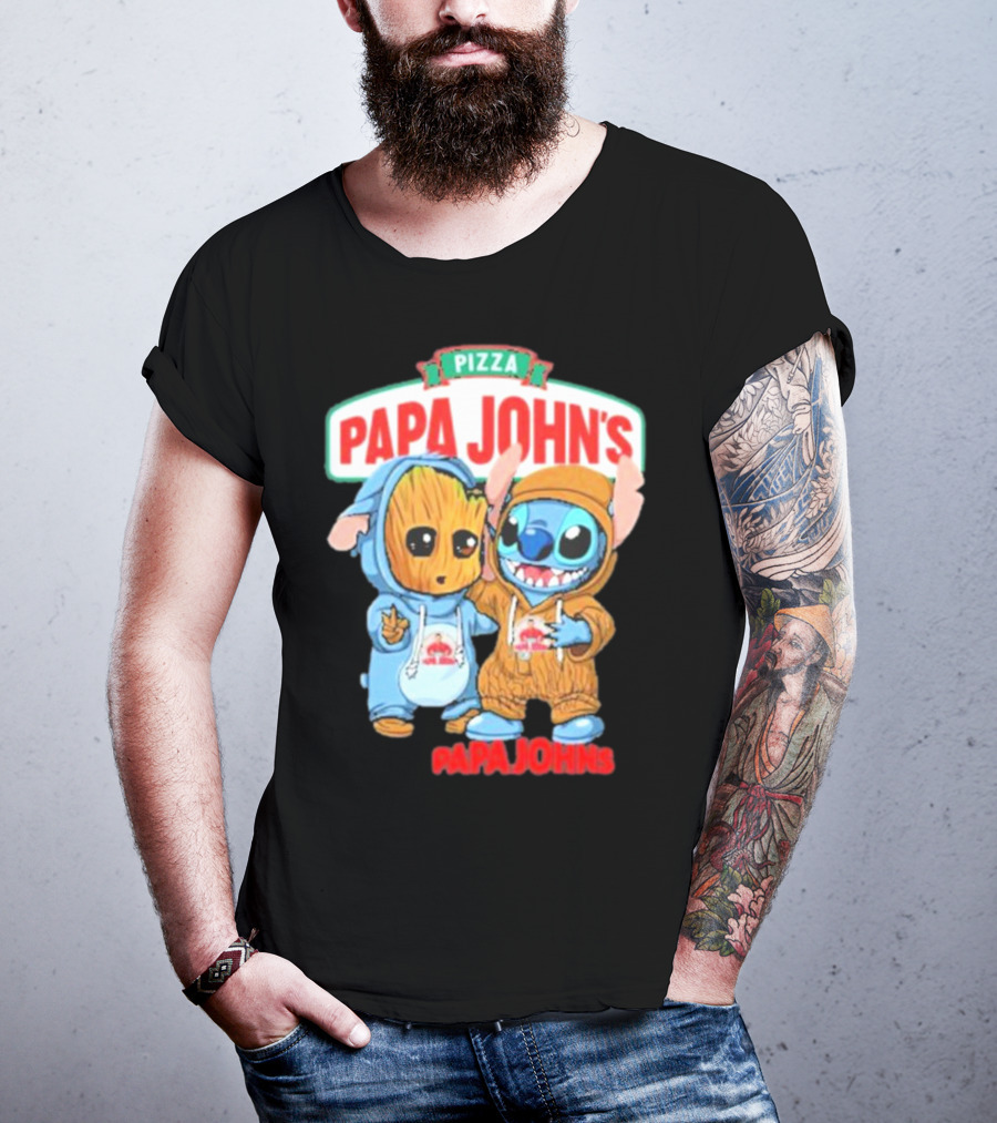 Papa John's Pizza With Groot And Stitch Characters T-Shirt