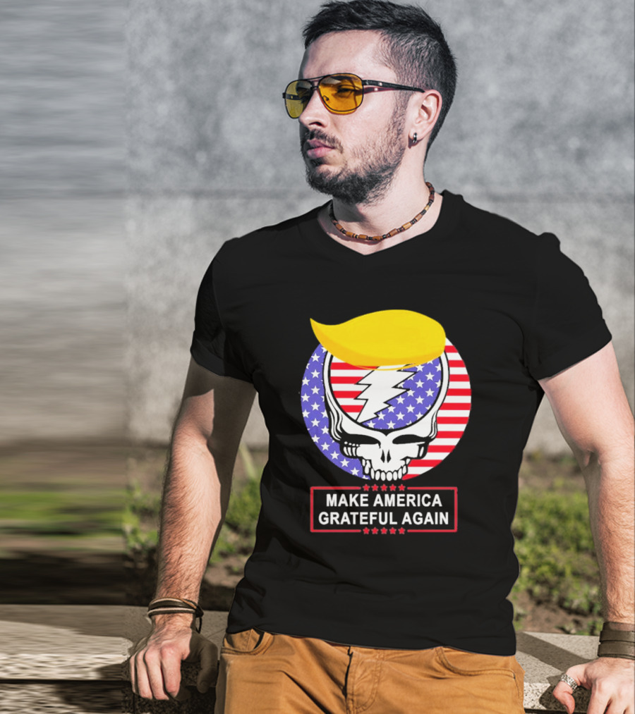 Make America Grateful Again Skull With Lightning Bolt And Flag T-Shirt