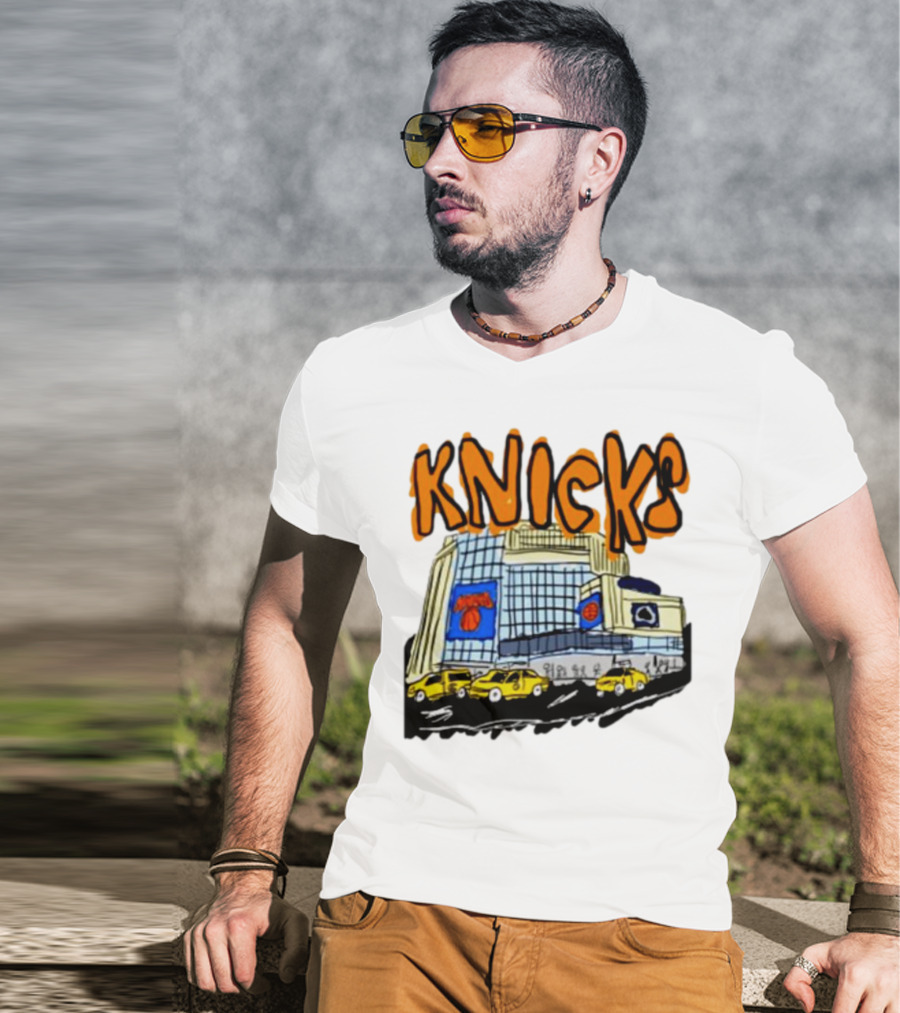 Knicks New York City Taxi Sketch With Arena Background T-Shirt
