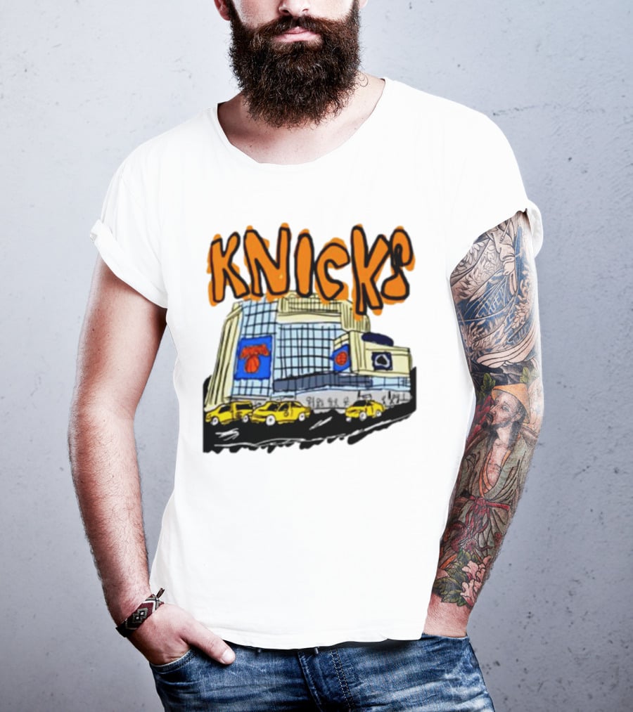 Knicks New York City Taxi Sketch With Arena Background T-Shirt