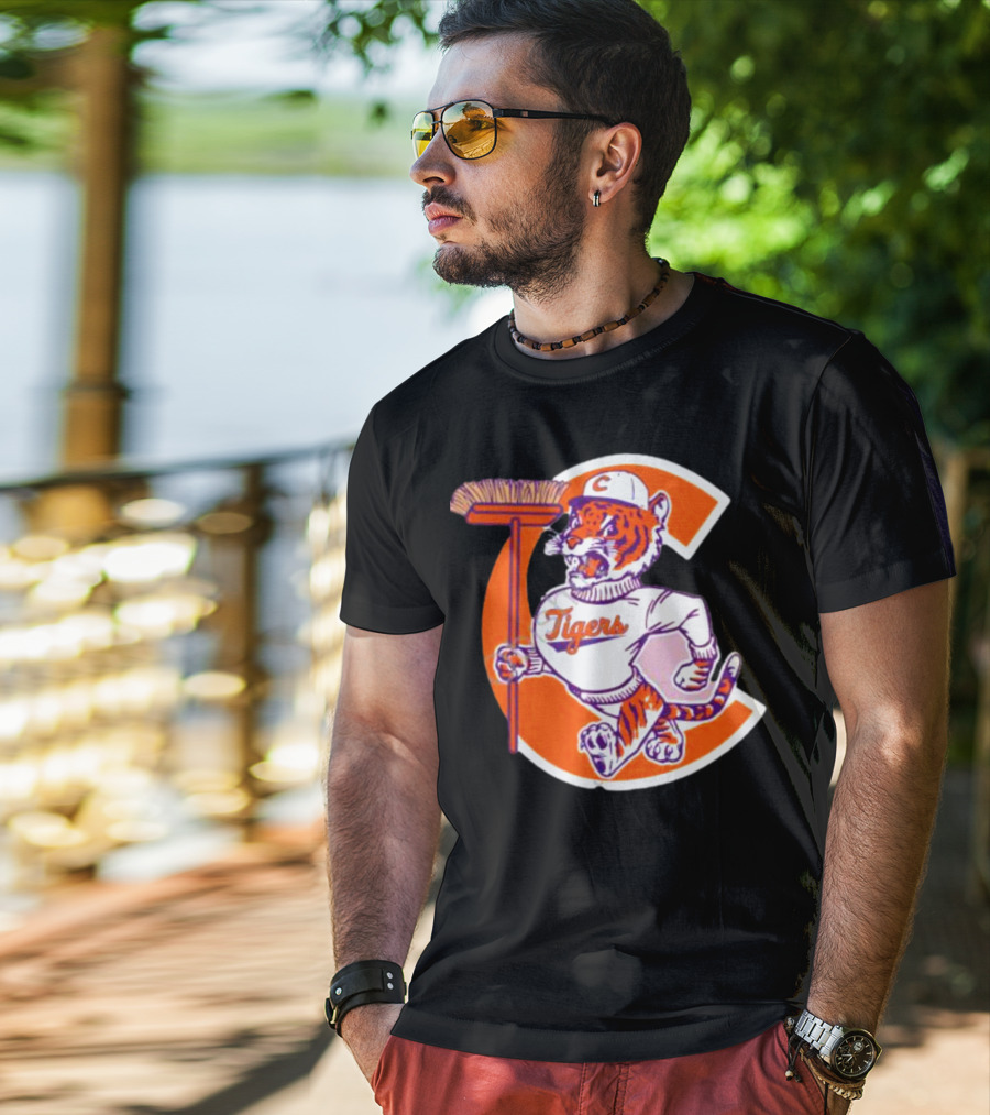 Clemson Tigers Vintage Logo With Broom And Letter C T-Shirt