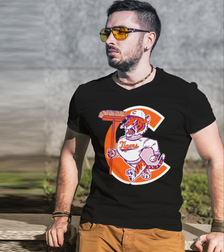 Clemson Tigers Vintage Logo With Broom And Letter C T-Shirt