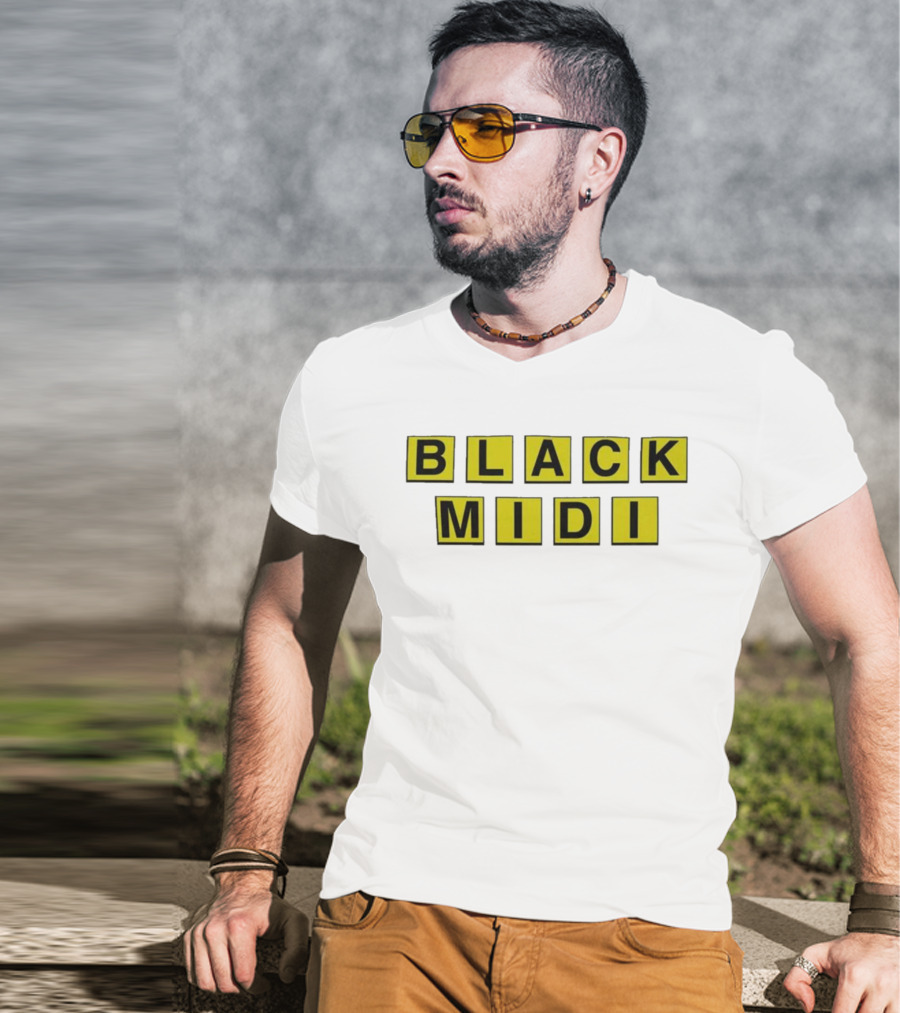 Black Midi Waffle House Black Yellow Block Letters T-Shirt