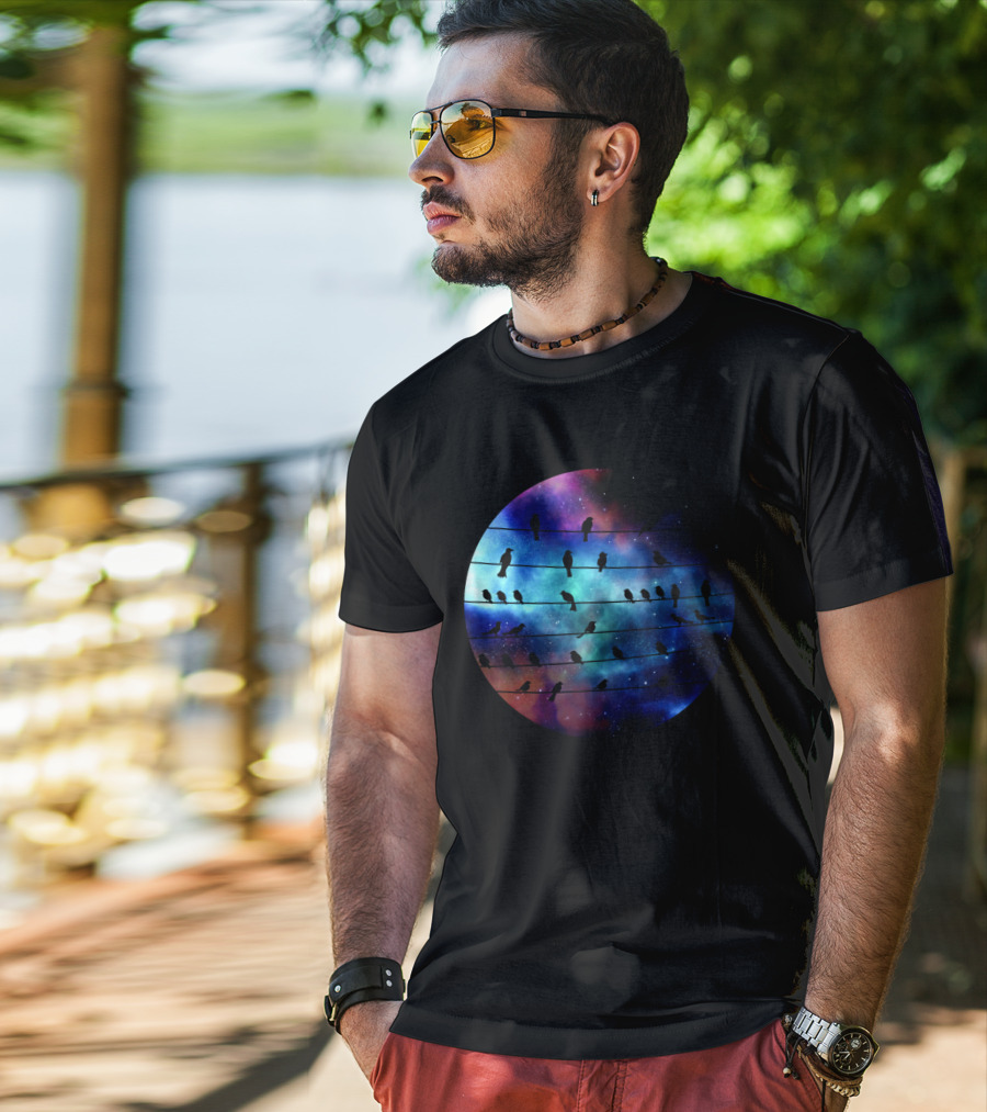 Birds On A Wire Cosmic Galaxy Silhouette In Space T-Shirt