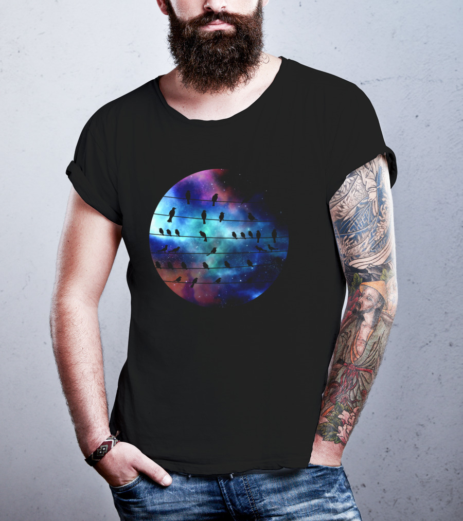 Birds On A Wire Cosmic Galaxy Silhouette In Space T-Shirt