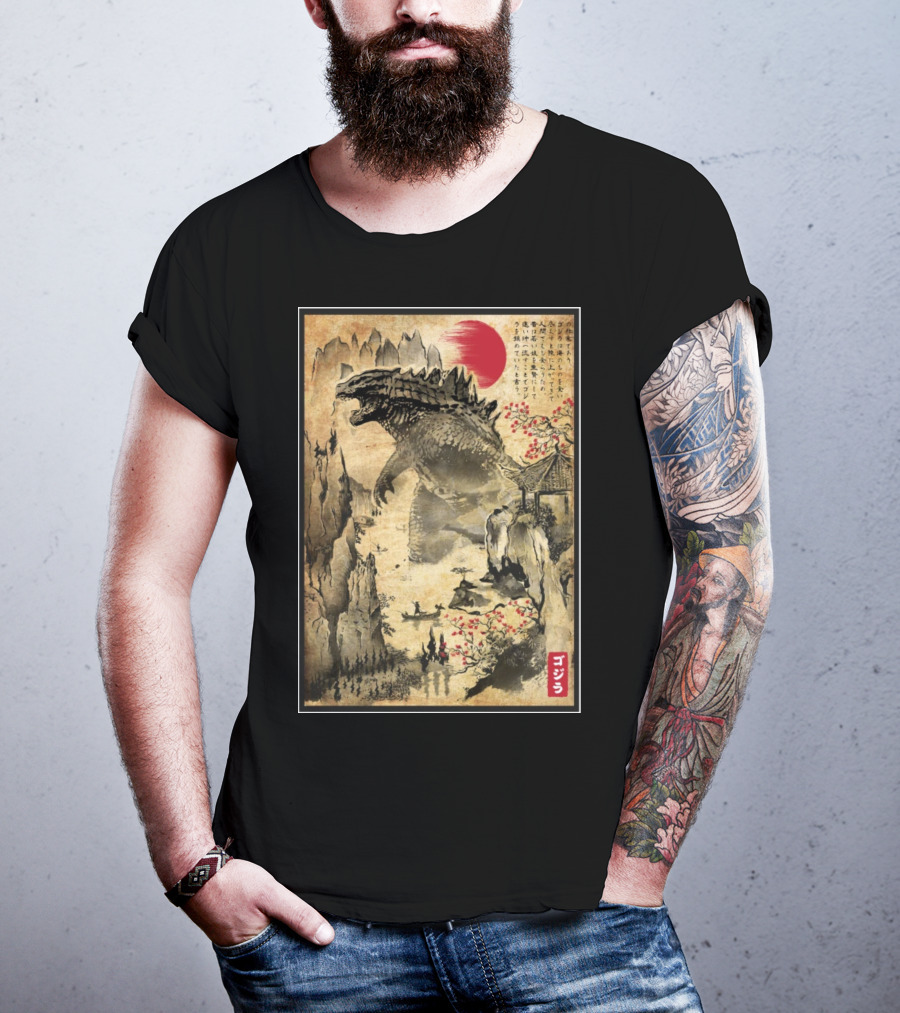 Gojira Japanese Woodblock Ukiyo-e Style With Red Sun And Cherry Blossoms T-Shirt