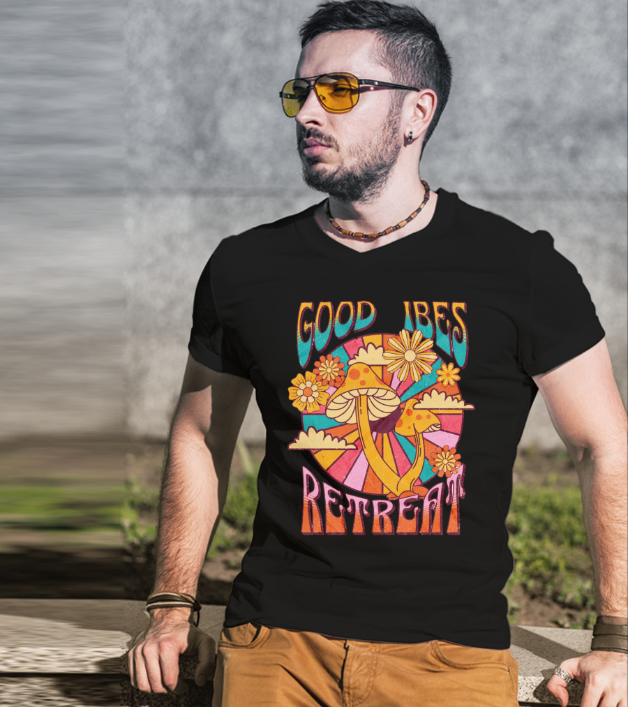 Good Vibes Retreat Mushroom Flowers Retro Psychedelic T-Shirt