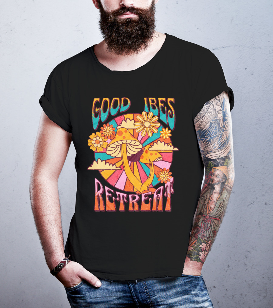 Good Vibes Retreat Mushroom Flowers Retro Psychedelic T-Shirt