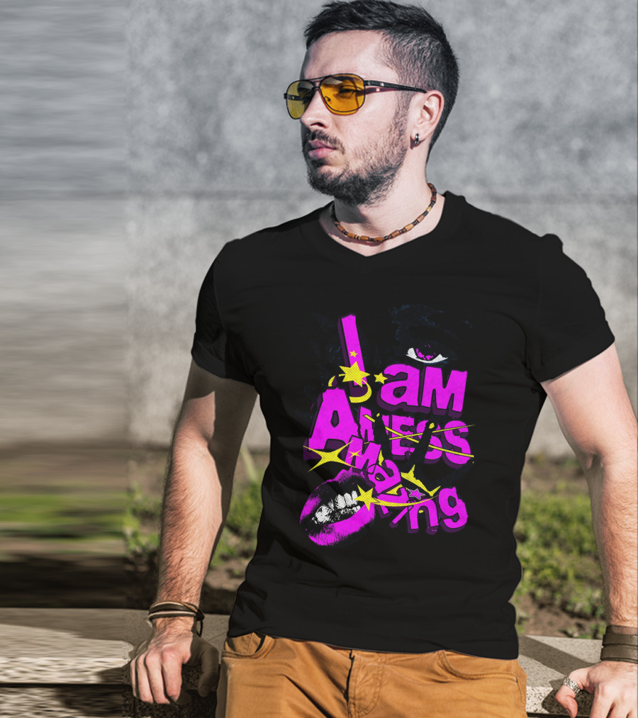 I Am Amazing Bold Eye And Lips Starburst Pink And Yellow T-Shirt