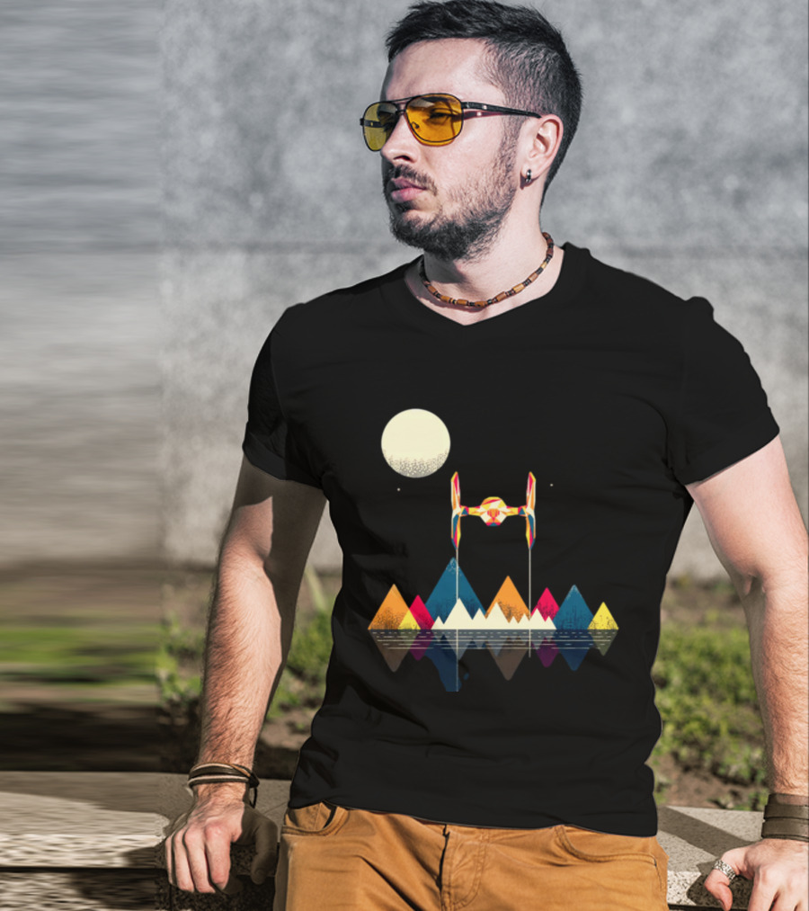 Imperial Fighter Tie Spaceship Over Geometric Mountains And Moon T-Shirt