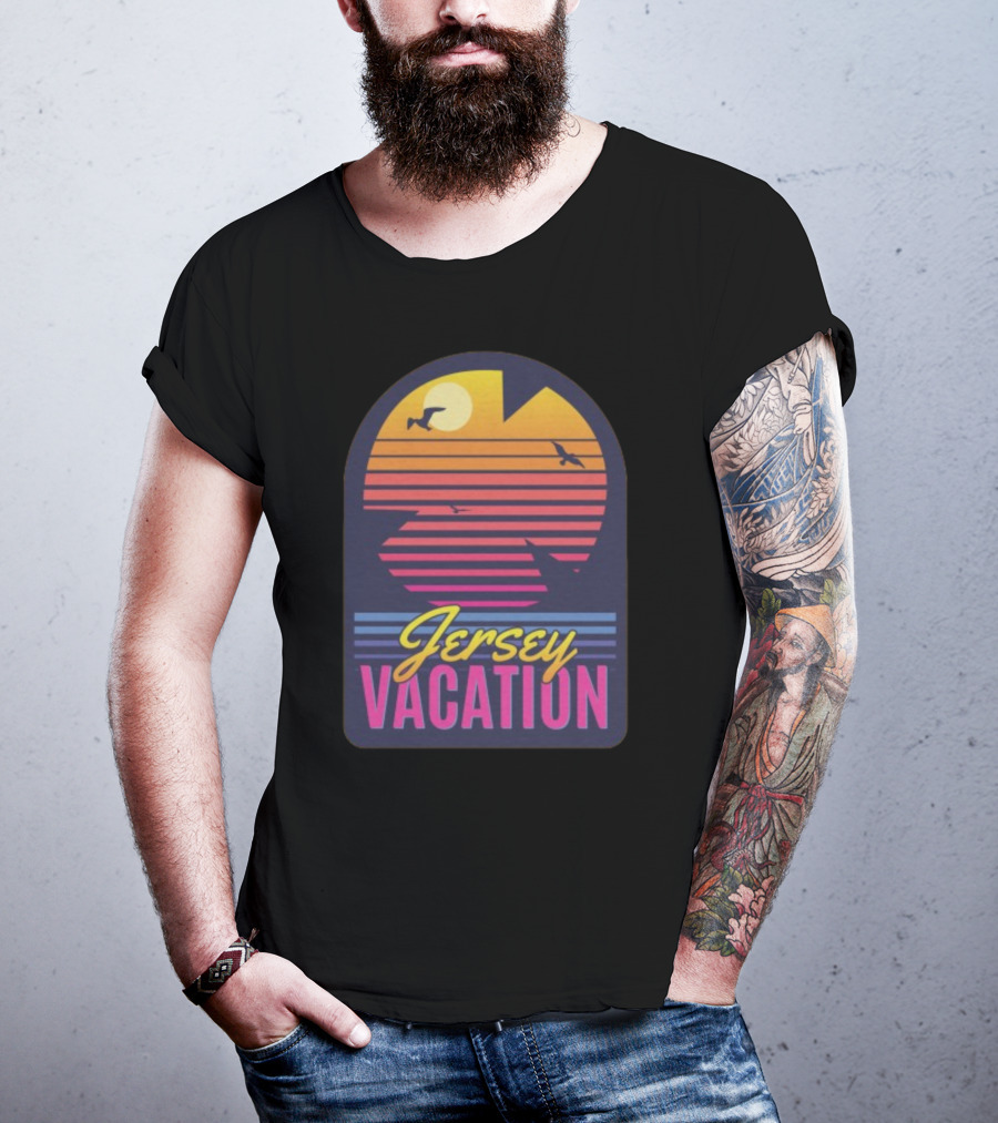 Jersey Vacation Retro Sunset Beach Scene With Birds And Stripes T-Shirt