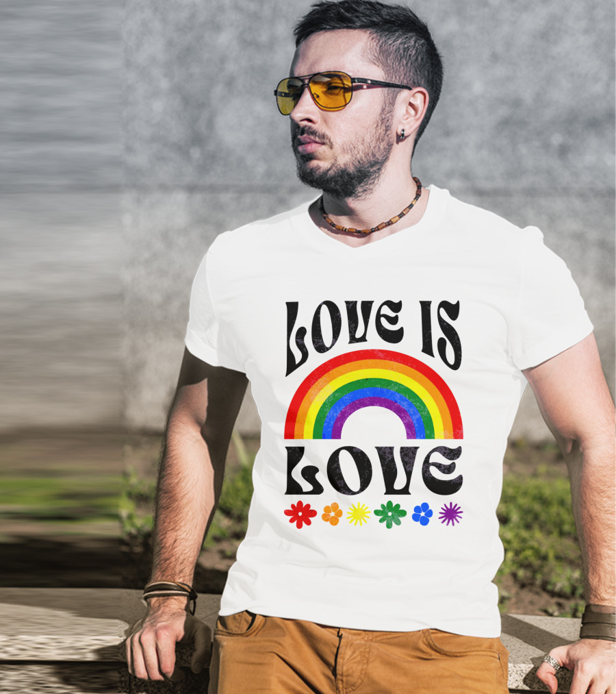 Love Is Love Rainbow Pride With Colorful Flowers T-Shirt